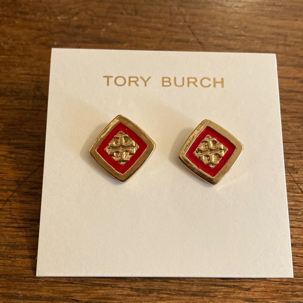 Tory Burch Logo Red Enamel/Gold Tone Stud Earrings NWT